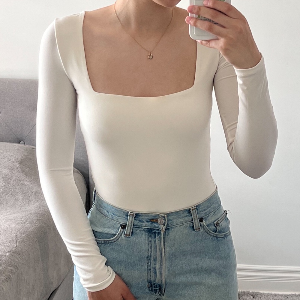 Forever 21 White Long Sleeve Square neck Bodysuit